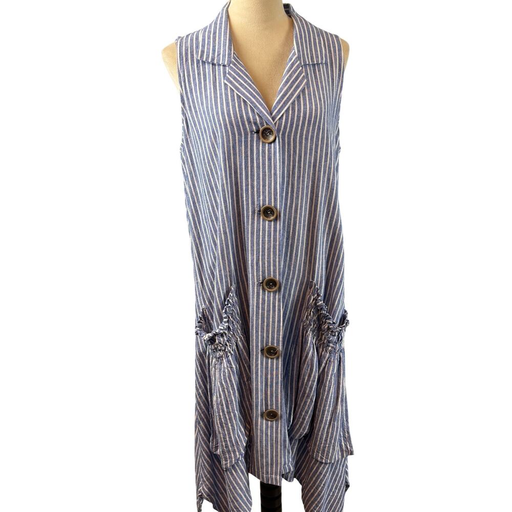 ForCynthia Striped Sleeveless Shirt Button Up Dress Linen Blend Ruched Pocket LG - Picture 1 of 10